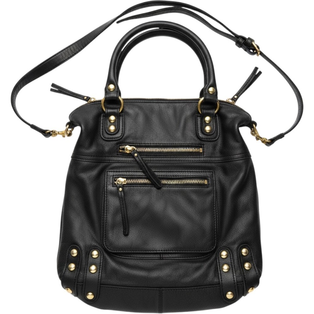 Linea Pelle Black Pebbled Leather Satchel Crossbody Bag Gold Studded Zebra Liner
